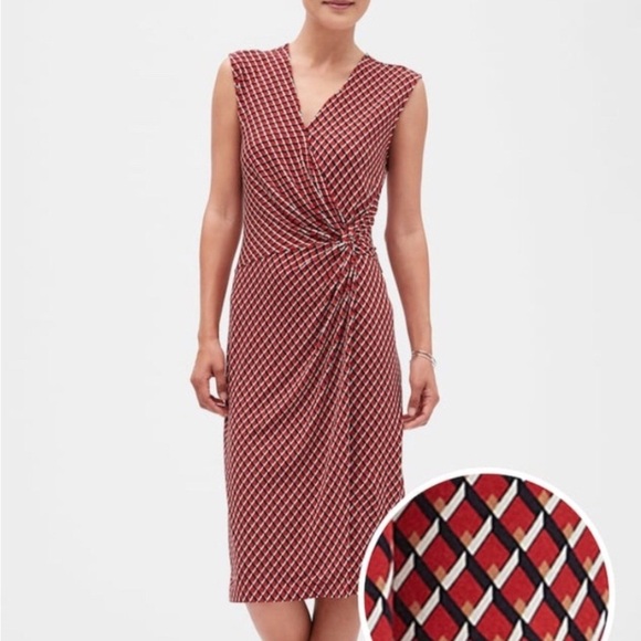 Banana Republic Factory Red Print Twist Faux Wrap Dress Women's Size M - Picture 2 of 14
